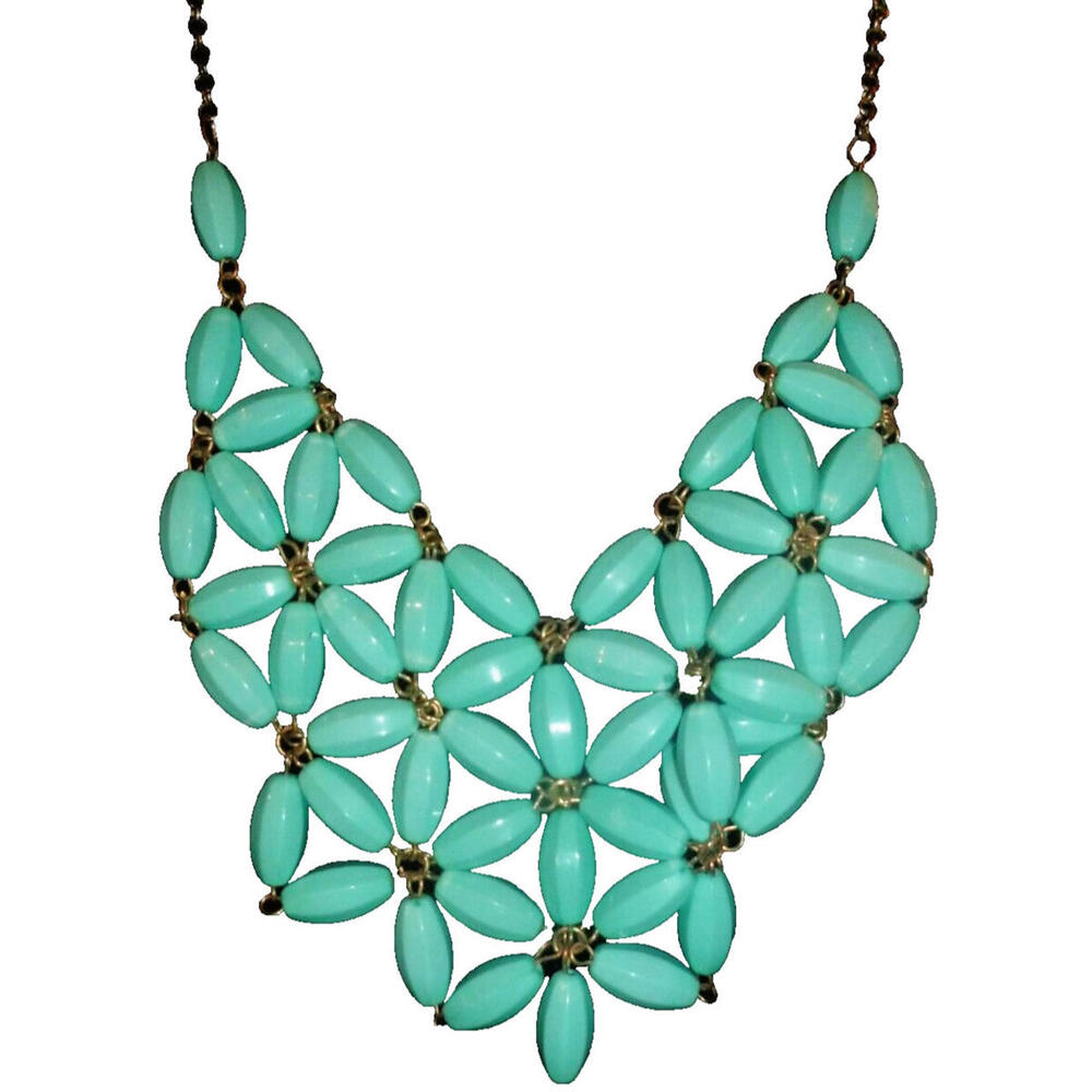 Faux Turquoise Blue Beaded Floral Bib Statement Necklace Gold Tone Link Chain